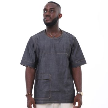 Denim Oversized Collarless Shirt - Black