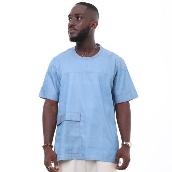 Denim Oversized Collarless Shirt - Light Blue