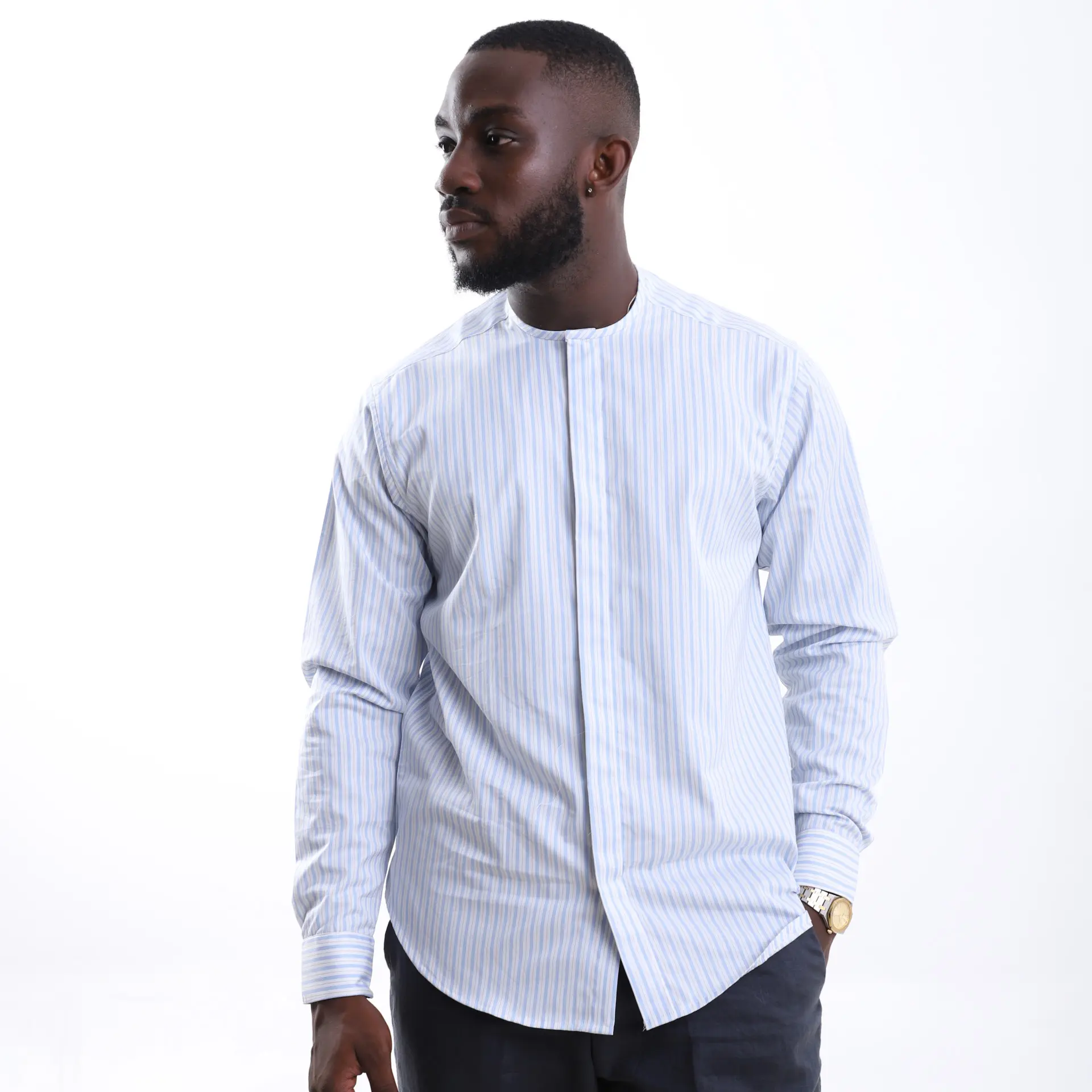 Blue Striped Collarless Shirt - Mode Lagos Store
