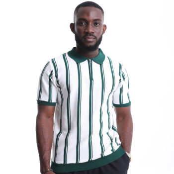 Vertical Striped Polo Shirt with Half-Zip – Green
