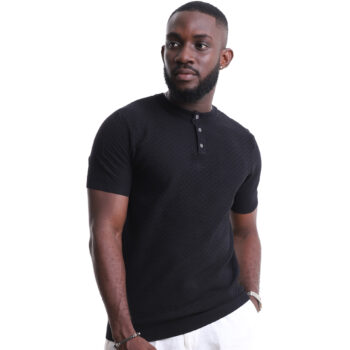 Men's Textured Knit Polo Shirt – Black