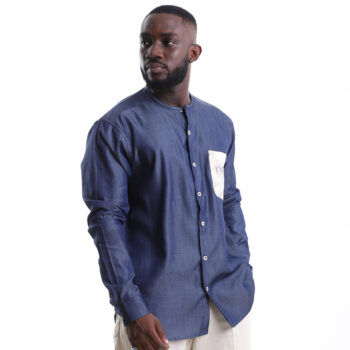 Indigo Collarless Shirt with Patterned Pocket