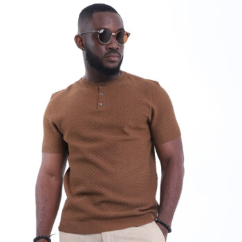 Men's Textured Knit Polo Shirt - Brown