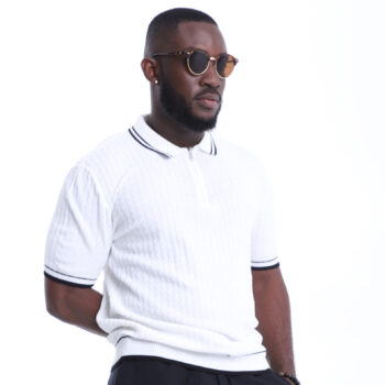 Men's Knitwear Polo with Double-striped Edges – White