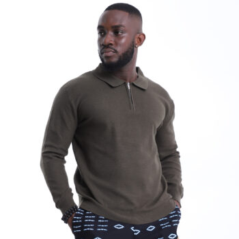 Olive Green Zip-Up Knit Longsleeve Polo