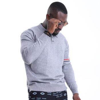 Grey Knit Polo with Double Stripes on Single Sleeve