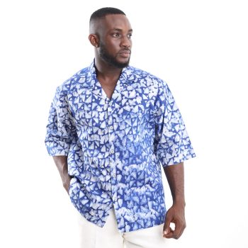Crystal Blue Adire shirt for men in captivating blue shades with intricate Adire pattern by Mode Lagos Nigeria