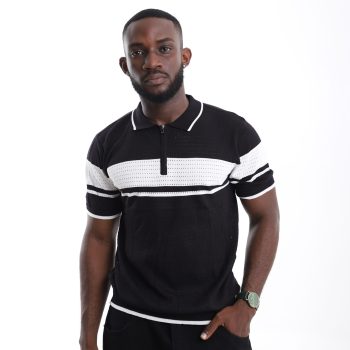 Men's black quarter-zip open-weave knit polo shirt with white chest stripe